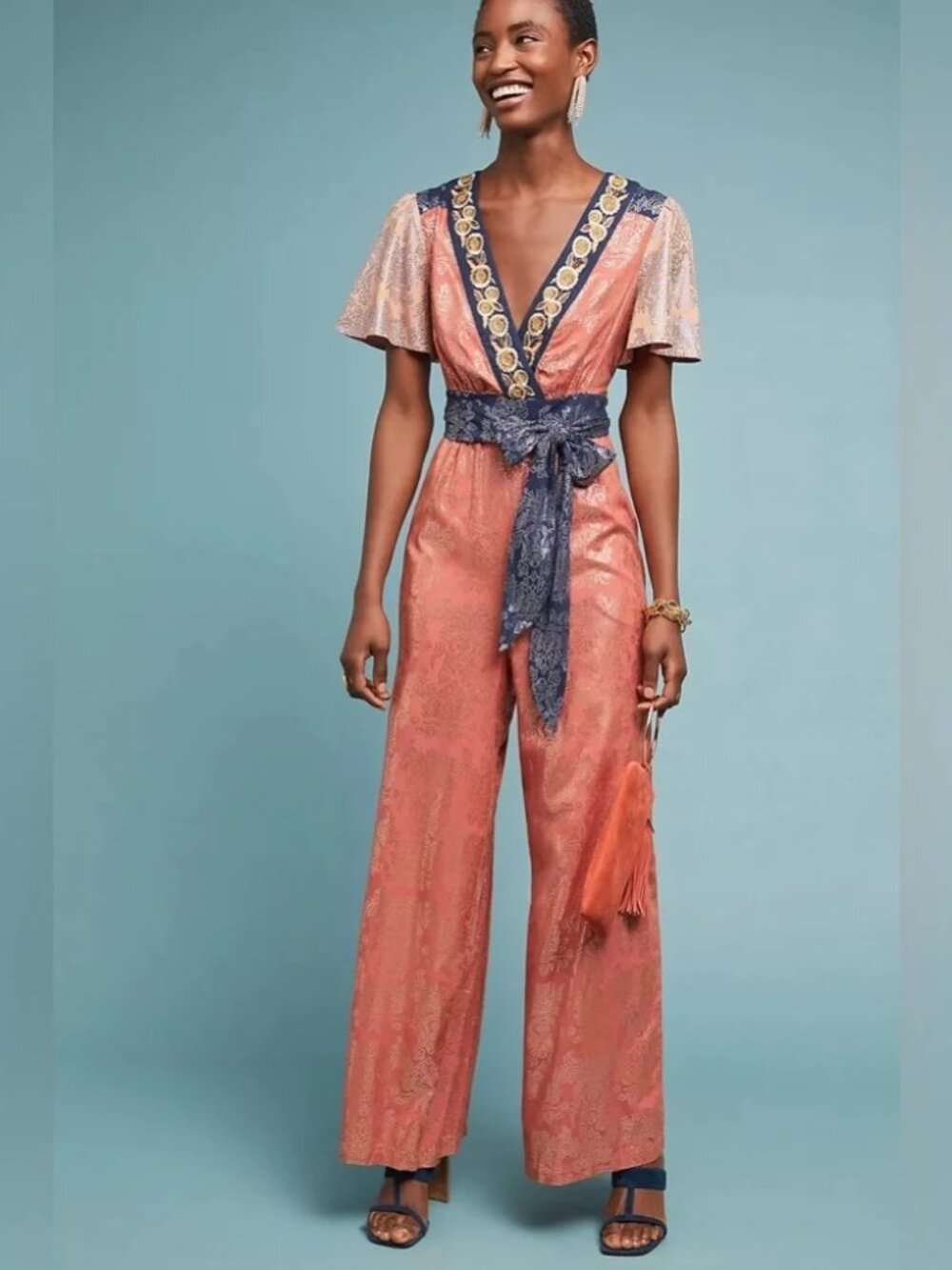 Akemi + Kin Anthropologie Sofia Metallic Embroidered Wide leg Jumpsuit Sz 2P
